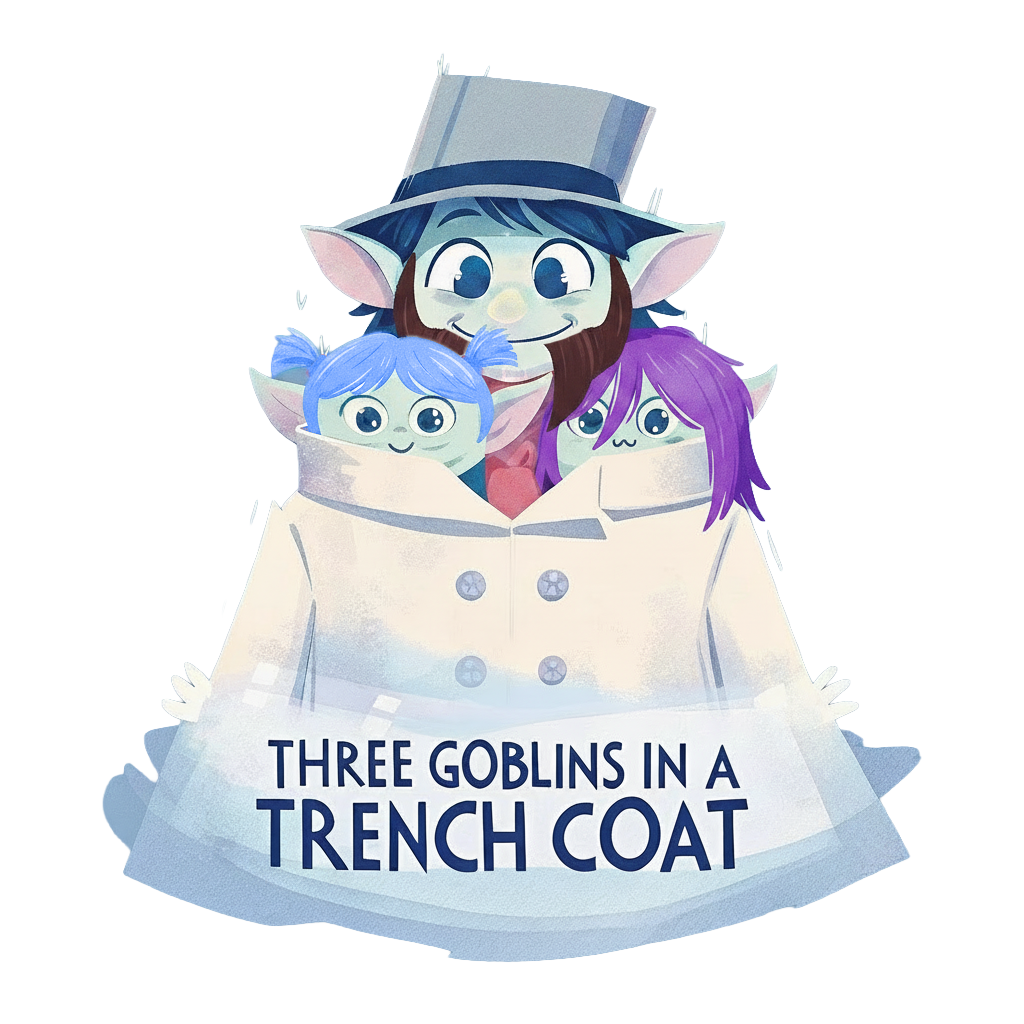 Three goblins in a trenchcoat - two goblin girls on top, dad as the legs